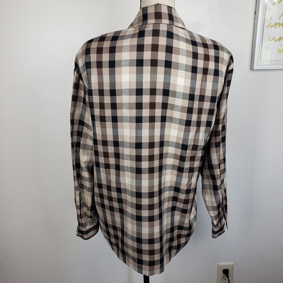 Vintage 90's Designer Dana Buchman Brown & Cream Plaid Silk Button Down Top 6 - Picture 5 of 16